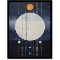 Wee Blue Coo Wall Art Print Abstract Solar Eclipse Oil Painting Blue Orange Geometric Planetary Orbits Night Sky Art Framed in Dark Blue | Size: A4