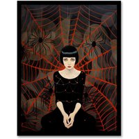 Wee Blue Coo Wall Art Print Arachnophilia Oil Painting Black Red Woman & Arachnid Spider Friends Halloween Conceptual Art Framed | Size: A4