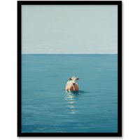 Wee Blue Coo Wall Art Print Open Water Swimming Cow Bath Oil Painting Blue Tan Art Framed | Size: A4