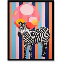 Wee Blue Coo Wall Art Print Party Animal Zebra Stripes & Balloon Orange Pink Blue Fun Oil Painting Art Framed | Size: A4