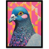 Wee Blue Coo Wall Art Print Perky Pigeon Oil Painting Pink Orange Blue Vibrant Animal Portrait Art Framed | Size: A4