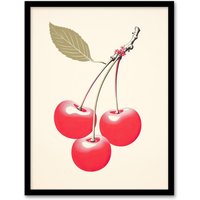 Wee Blue Coo Wall Art Print Red Smudge Cherries on Stem with Leaf Bright Pink Alabaster Green Retro Kitchen Painting Art Framed | Size: A4