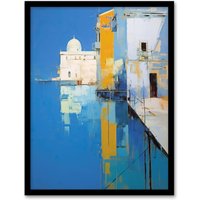 Wee Blue Coo Wall Art Print Reflections Of Venice Oil Painting Blue Orange Abstract Santa Maria della Salute Coastal Art Framed | Size: A4