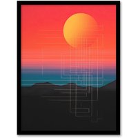 Wee Blue Coo Wall Art Print Sunset Modern Digital Abstract Mountain Landscape Colour Gradient Painting Art Framed in Red | Size: A4