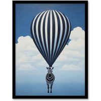 Wee Blue Coo Wall Art Print Surreal & Stripes Zebra Balloon Adventures Over the Clouds Blue Black White Oil Painting Art Framed | Size: A4