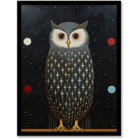 Wee Blue Coo Wall Art Print The Night Watch Man Surreal Cosmic Owl Portrait & Starry Sky Grey Blue Orange Oil Painting Art Framed | Size: A4