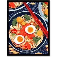 Wee Blue Coo Wall Art Print A Riot Of Ramen Vibrant Food Painting Red Blue Orange Egg Noodle Dinner Art Framed | Size: W12" x H16"