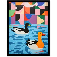 Wee Blue Coo Wall Art Print Bathtime Buddies Vibrant Oil Painting Abstract Bath Ducks in Water Art Framed | Size: W12" x H16"
