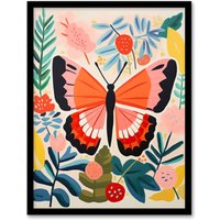 Wee Blue Coo Wall Art Print Butterfly Henri Matisse Style Bright Painting Leaves Fronds & Floral Blooms Spring Art Framed in Pink | Size: W12" x H16"