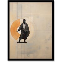 Wee Blue Coo Wall Art Print Qigong Serenity Shaolin Monk Practicing Mindfulness Tan Orange Charcoal Simple Oil Painting Art Framed | Size: W12" x H16"