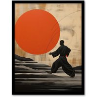 Wee Blue Coo Wall Art Print Qigong Sunset Shaolin Monk Practicing Movement Meditation Exercises Amber Orange Grey Oil Painting Art Framed