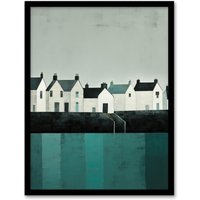 Wee Blue Coo Wall Art Print Scottish Harbour Morning Grey Sky Quiet Sea Town Teal Blue Grey Oil Painting Art Framed | Size: W12" x H16"