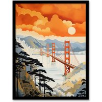 Wee Blue Coo Wall Art Print Sunset San Francisco Oakland Bay Bridge Amber Orange Blue Pastel Colour Painting Art Framed | Size: W12" x H16"