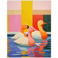 Wee Blue Coo Wall Art Print Chameleon Ducks Swimming Vibrant Geometric Pattern Oil Painting Poster | Size: W12" x H16"