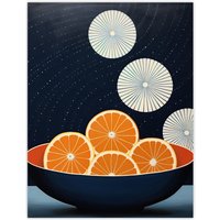 Wee Blue Coo Wall Art Print Citrus Circles Oranges in Bowl Night Sky Blue Abstract Oil Painting Poster in Dark Navy | Size: W12" x H16"