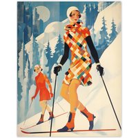 Wee Blue Coo Wall Art Print Klosters Chic Fashion Skier Women Going Down Slopes Orange Blue Bright Retro Oil Painting Poster | Size: W12" x H16"