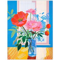 Wee Blue Coo Wall Art Print Formidable Florals Acrylic Painting Wildflowers in Glass Vase Vibrant Blue Orange Pink Poster | Size: W12" x H16"