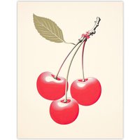 Wee Blue Coo Wall Art Print Red Smudge Cherries on Stem with Leaf Bright Pink Alabaster Green Retro Kitchen Painting Poster | Size: W12" x H16"