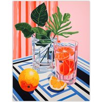 Wee Blue Coo Wall Art Print Refreshing Spritz Aperitif with Orange Slices Vibrant Pink Blue Stylised Painting Poster | Size: W12" x H16"