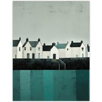 Wee Blue Coo Wall Art Print Scottish Harbour Morning Grey Sky Quiet Sea Town Teal Blue Grey Oil Painting Poster | Size: W12" x H16"