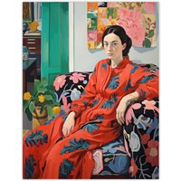 Wee Blue Coo Wall Art Print Serious Pattern Clasher Woman Lounge Posing for Portrait Red Green Blue Oil Painting Poster | Size: W12" x H16"