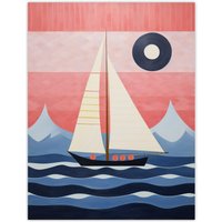 Wee Blue Coo Wall Art Print Setting Sail Sailboat in Mountain Coastal Landscape Geometric Coral Pink Blue Oil Painting Poster | Size: W12" x H16"