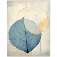 Wee Blue Coo Wall Art Print Skeleton Leaves Blue I Leaf Veins Structure Pastel Colour Azure Tan Yellow Watercolour Painting Poster | Size: W12" x H16"