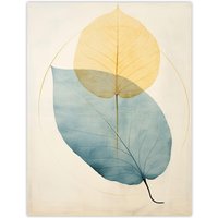 Wee Blue Coo Wall Art Print Skeleton Leaves Blue II Leaf Veins Structure Pastel Colour Azure & Yellow Watercolour Painting Poster | Size: W12" x H16"