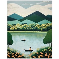 Wee Blue Coo Wall Art Print The Boating Lake Scenic Boat Ride in Tranquil Waters Teal Green Orange Stylised Oil Painting Poster | Size: W12" x H16"