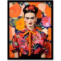 Wee Blue Coo Wall Art Print Fierce Mexican Artist Woman Vibrant Oil Painting Orange Pink Blue Bold Floral Portrait Art Framed | Size: A4