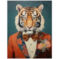 Wee Blue Coo Wall Art Print Tiger in a Tuxedo Fun Animal Portrait Living Room in Blue | Size: W18" x H24"