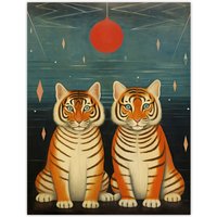 Wee Blue Coo Wall Art Print Tiger Twins Tea Party Cute Animal Cubs Living Room | Size: W18" x H24"