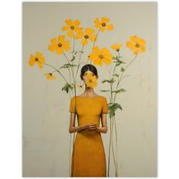 Wee Blue Coo Wall Art Print Hidden In Buttercups Surrealist Mustard Living Room in Yellow | Size: W24" x H32"