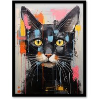 Wee Blue Coo Wall Art Print Messy Black Cat Fun Bright Pet Portrait Living Room Framed | Size: A4