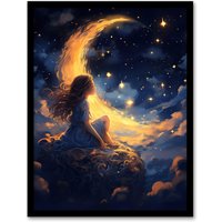 Wee Blue Coo Wall Art Print Crescent Moon Dreams Whimsy Little Girls Living Room Framed in Dark Blue | Size: A4
