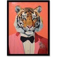 Wee Blue Coo Wall Art Print Dressed To Kill Tiger Animal Portrait Living Room Framed in Pink | Size: A4