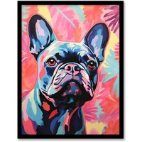 Wee Blue Coo Wall Art Print The Pastel Pooch French Bulldog Neon Fun Living Room Framed in Pink | Size: A4