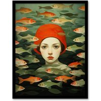 Wee Blue Coo Wall Art Print Gone Fishing Goldfish Red Green Bathroom Living Room Framed | Size: W12" x H16"