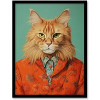Wee Blue Coo Wall Art Print Maine Coon Ginger Pet Cat Portrait Fun Living Room Framed in Orange | Size: W12" x H16"