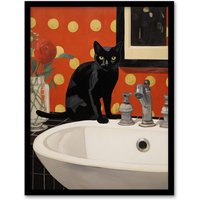 Wee Blue Coo Wall Art Print Now Wash Your Paws Cat Bathroom Painting Living Room Framed in Red | Size: W12" x H16"