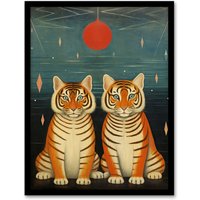 Wee Blue Coo Wall Art Print Tiger Twins Tea Party Cute Animal Cubs Living Room Framed | Size: W12" x H16"