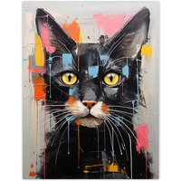 Wee Blue Coo Wall Art Print Messy Black Cat Fun Bright Pet Portrait Living Room | Size: W12" x H16"