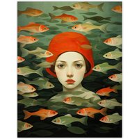 Wee Blue Coo Wall Art Print Gone Fishing Goldfish Red Green Bathroom Living Room | Size: W12" x H16"