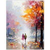 Artery8 Wall Art Print Lovers Autumn Walk Painting Orange Pink Couple in Park Poster | Size: W18" x H24"