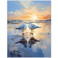 Artery8 Wall Art Print Seagull Bird Couple Beach Sunset Painting Coastal Landscape Art Poster in Blue | Size: W18" x H24"