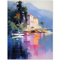 Artery8 Wall Art Print Sail Boat on Lake Como Painting Scenic Italian Landscape Poster in Blue | Size: W18" x H24"