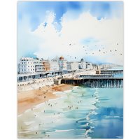 Artery8 Wall Art Print Brighton Beach Watercolour Busy Promenade Coastal Poster Picture in Blue | Size: W18" x H24"