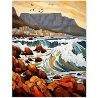 Artery8 Wall Art Print Cape Town Cityscape under Table Mountain Stylised Painting Poster | Size: W18" x H24"