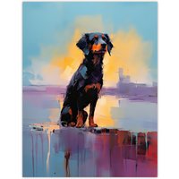 Artery8 Wall Art Print Rottweiler Puppy Beach Sunrise Dog Portrait Poster Picture in Blue | Size: W18" x H24"