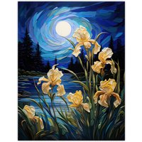 Artery8 Wall Art Print Enchanting Iris Flowers Blooming Fantasy Full Moon Poster Picture in Blue | Size: W18" x H24"